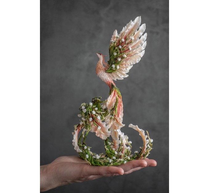 Handmade Phoenix Statue bird made of clay. Pink and green bird