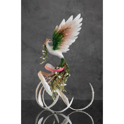 Handmade Phoenix Statue bird made of clay. Pink and green bird