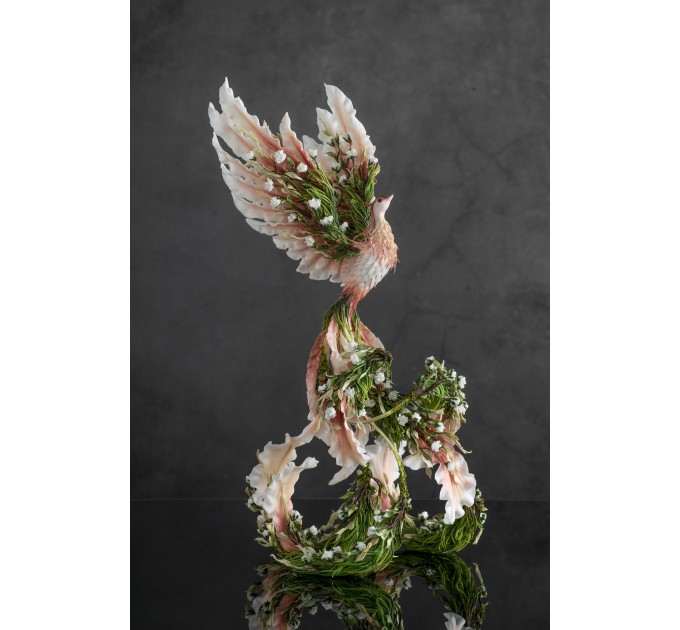 Handmade Phoenix Statue bird made of clay. Pink and green bird