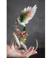 Handmade Phoenix Statue bird made of clay. Pink and green bird