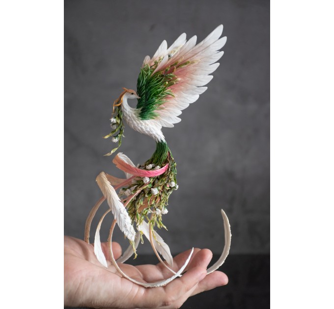 Handmade Phoenix Statue bird made of clay. Pink and green bird