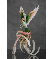 Handmade Phoenix Statue bird made of clay. Pink and green bird
