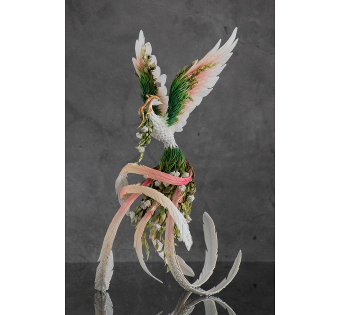 Handmade Phoenix Statue bird made of clay. Pink and green bird