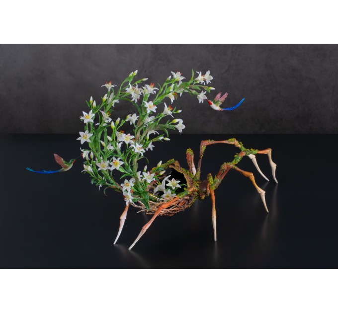 Handmade spider sculpture with lilies made of air clay