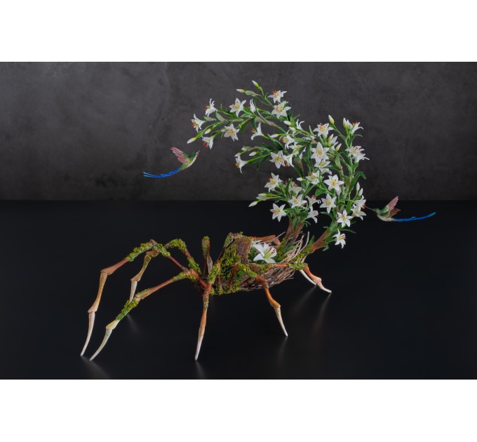 Handmade spider sculpture with lilies made of air clay