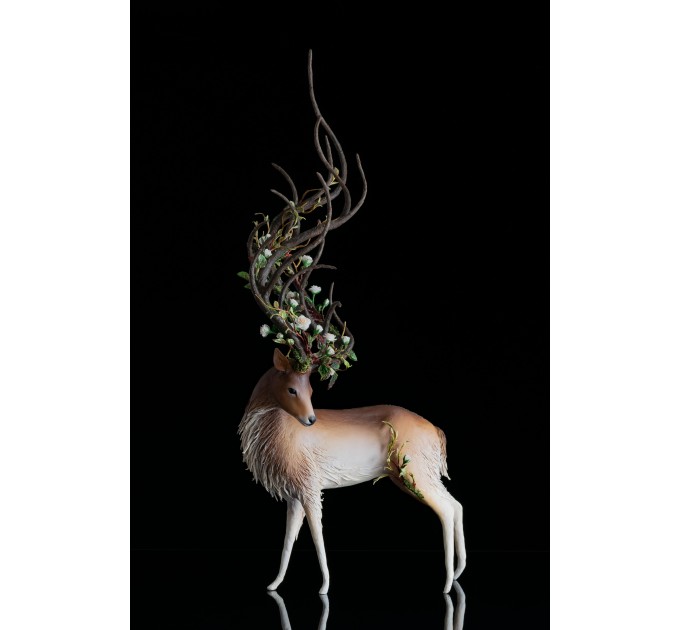 Deer with white roses. Handmade fantasy sculpture made of air clay. OOAK 