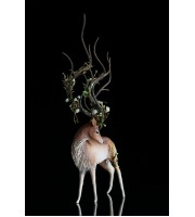 Deer with white roses. Handmade fantasy sculpture made of air clay. OOAK 