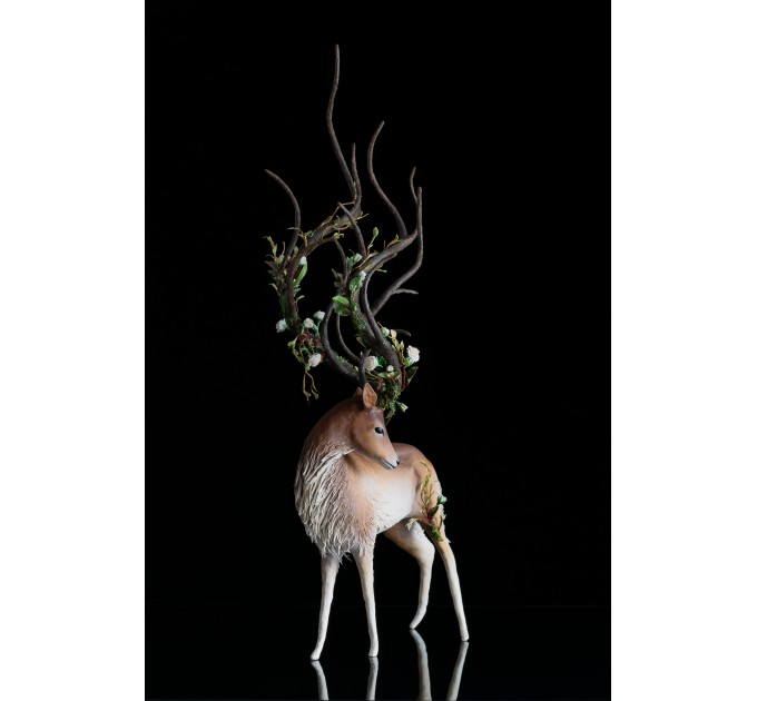 Deer with white roses. Handmade fantasy sculpture made of air clay. OOAK 