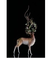 Deer with white roses. Handmade fantasy sculpture made of air clay. OOAK 