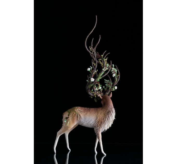 Deer with white roses. Handmade fantasy sculpture made of air clay. OOAK 