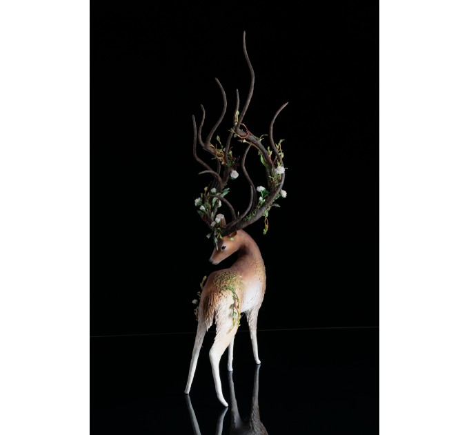 Deer with white roses. Handmade fantasy sculpture made of air clay. OOAK 