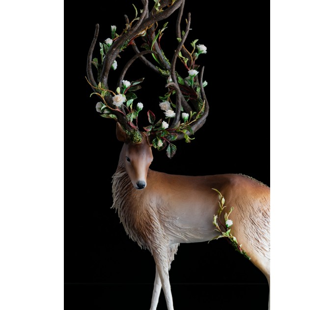 Deer with white roses. Handmade fantasy sculpture made of air clay. OOAK 