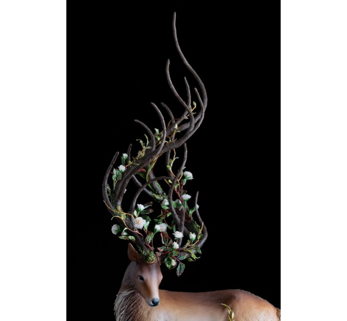 Deer with white roses. Handmade fantasy sculpture made of air clay. OOAK 