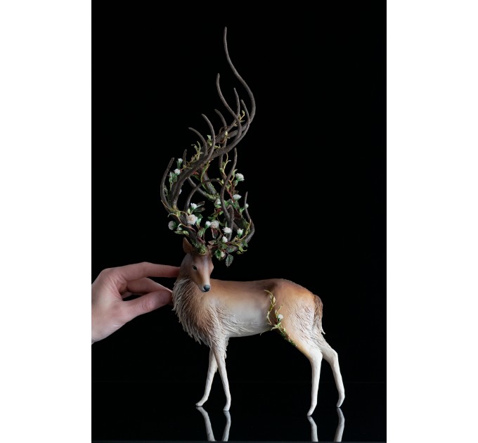 Deer with white roses. Handmade fantasy sculpture made of air clay. OOAK 