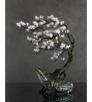 Frog with magnolia tree. Handmade fantasy sculpture made of air clay. OOAK 