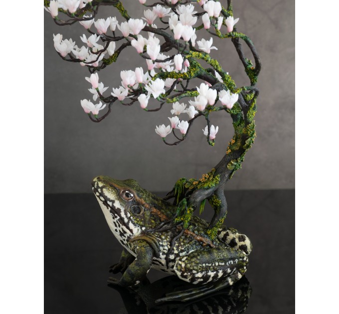 Frog with magnolia tree. Handmade fantasy sculpture made of air clay. OOAK 