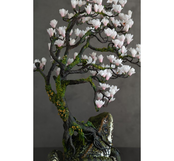 Frog with magnolia tree. Handmade fantasy sculpture made of air clay. OOAK 