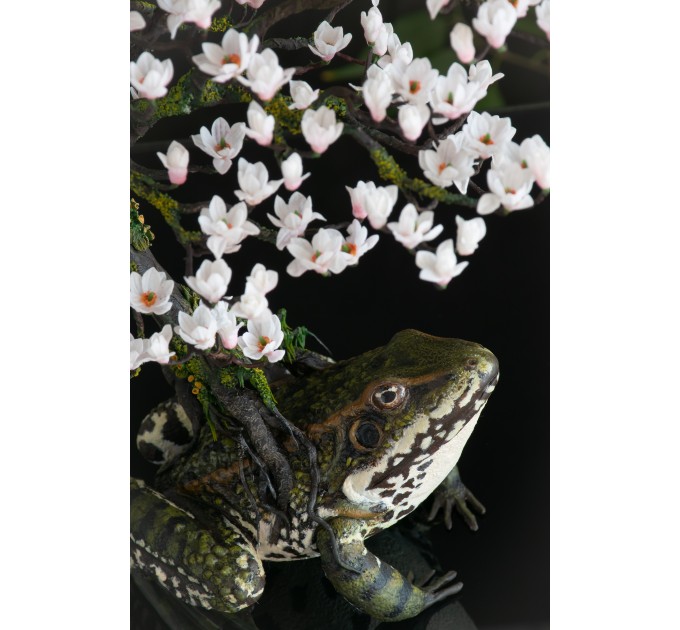 Frog with magnolia tree. Handmade fantasy sculpture made of air clay. OOAK 