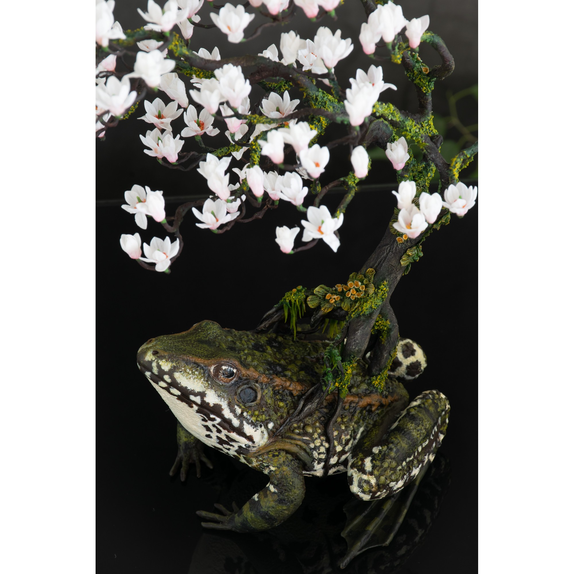 Collectible frog sculpture with magnolia tree. Handmade fantasy OOAK