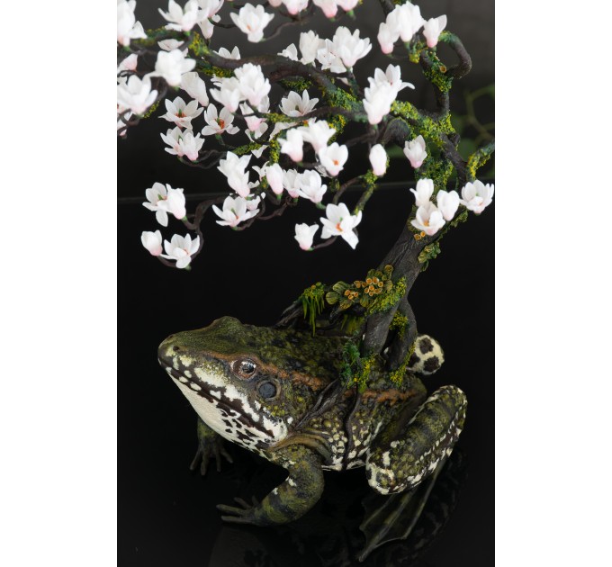 Frog with magnolia tree. Handmade fantasy sculpture made of air clay. OOAK 