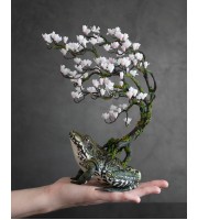 Frog with magnolia tree. Handmade fantasy sculpture made of air clay. OOAK 