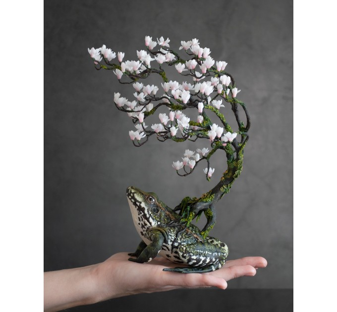 Frog with magnolia tree. Handmade fantasy sculpture made of air clay. OOAK 