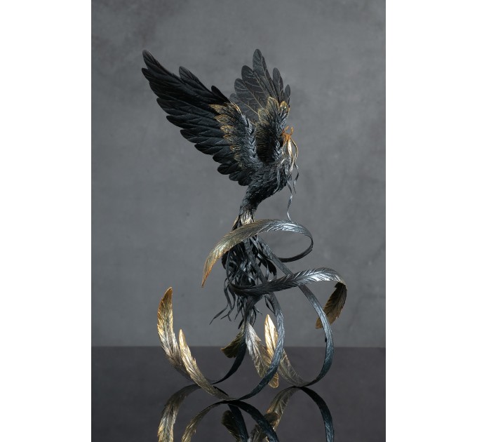 Handmade Phoenix Statue bird made of air clay. Black and gold bird