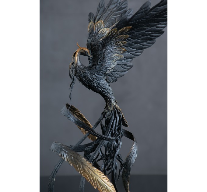 Handmade Phoenix Statue bird made of air clay. Black and gold bird