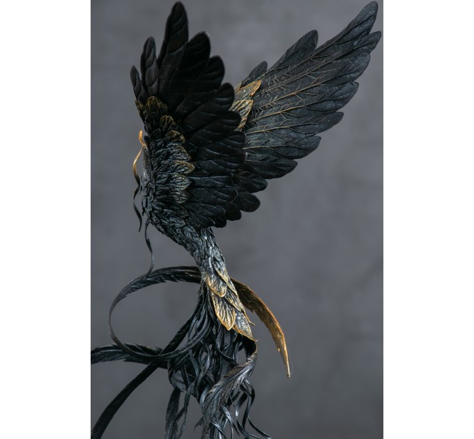 Handmade Phoenix Statue bird made of air clay. Black and gold bird