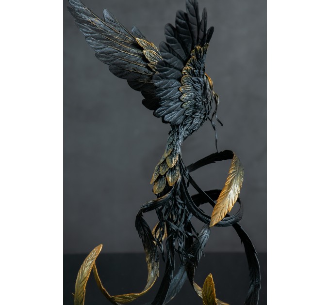 Handmade Phoenix Statue bird made of air clay. Black and gold bird