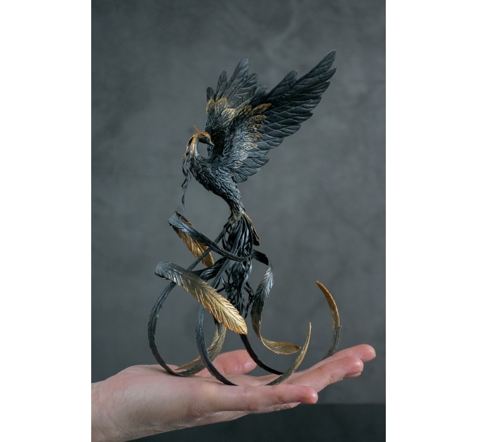 Handmade Phoenix Statue bird made of air clay. Black and gold bird