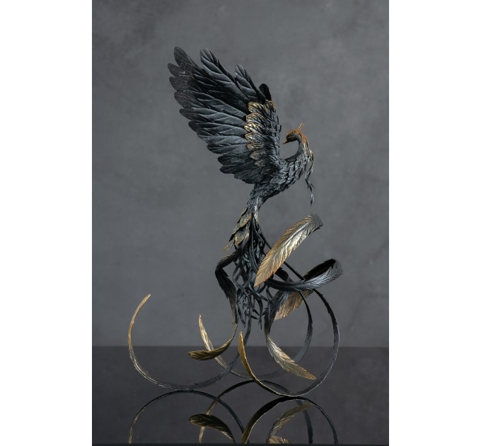 Handmade Phoenix Statue bird made of air clay. Black and gold bird