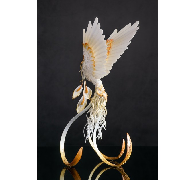 Handmade Phoenix Statue bird made of air clay. White and gold bird