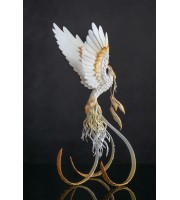 Handmade Phoenix Statue bird made of air clay. White and gold bird