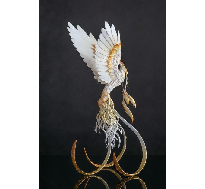 Handmade Phoenix Statue bird made of air clay. White and gold bird