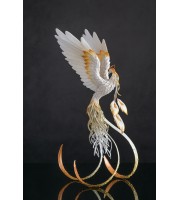 Handmade Phoenix Statue bird made of air clay. White and gold bird