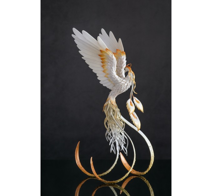 Handmade Phoenix Statue bird made of air clay. White and gold bird