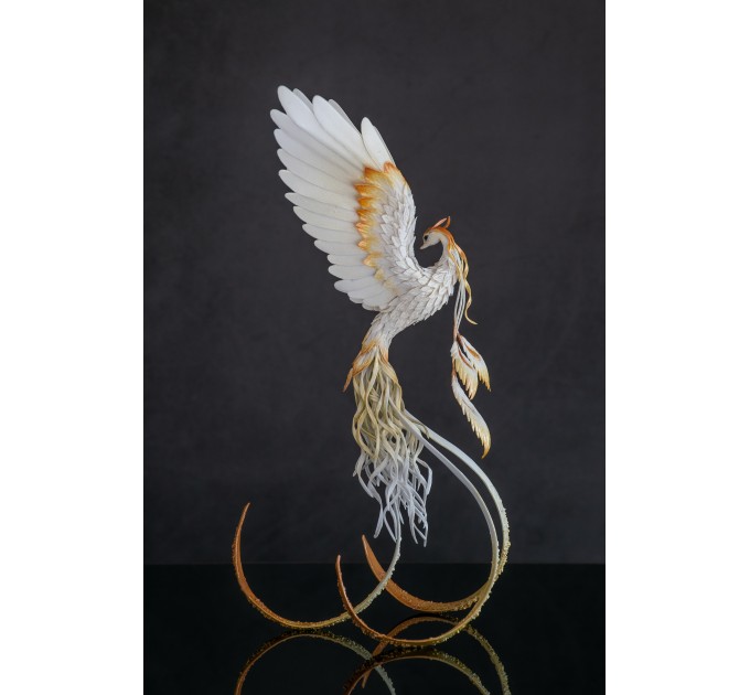 Handmade Phoenix Statue bird made of air clay. White and gold bird