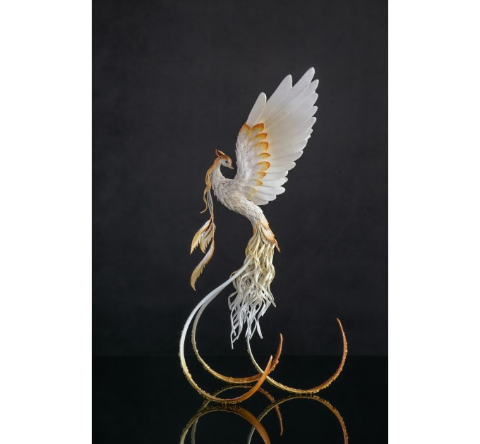 Handmade Phoenix Statue bird made of air clay. White and gold bird