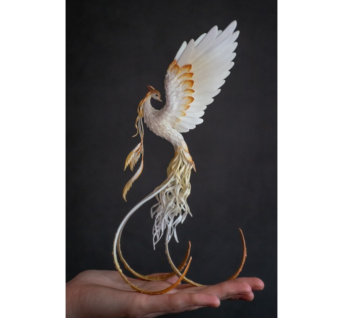 Handmade Phoenix Statue bird made of air clay. White and gold bird