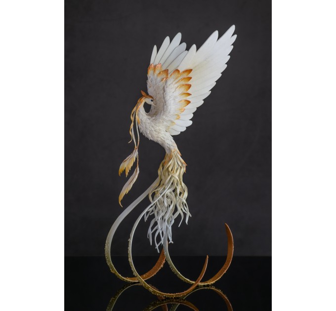 Handmade Phoenix Statue bird made of air clay. White and gold bird