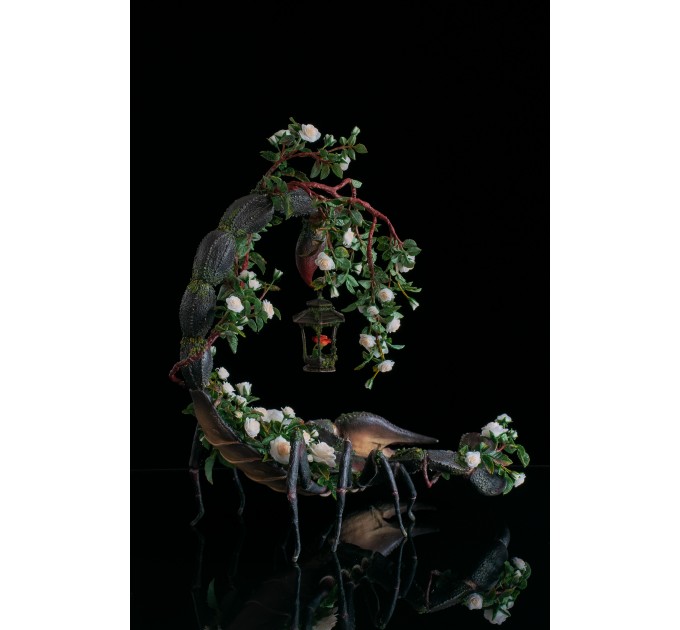 Scorpion with white roses. Handmade fantasy sculpture made of air clay. OOAK 