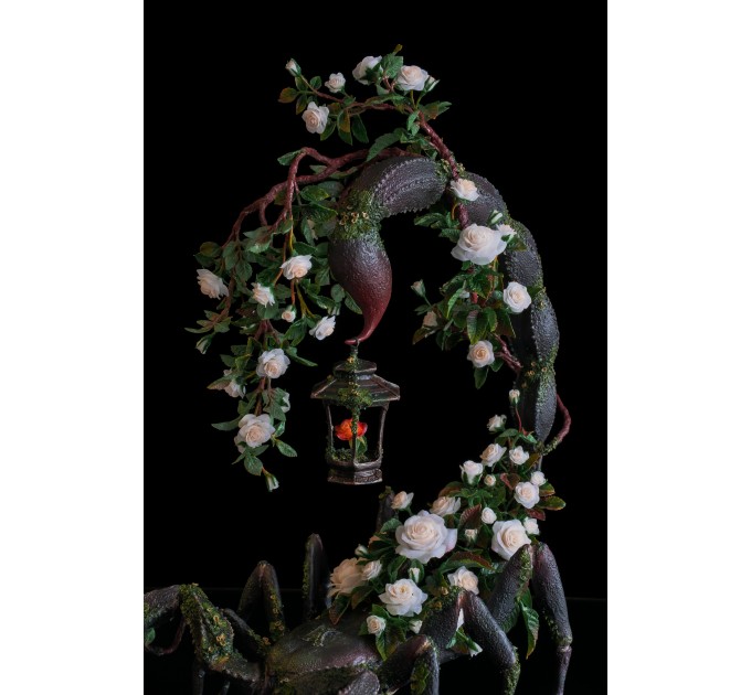 Scorpion with white roses. Handmade fantasy sculpture made of air clay. OOAK 