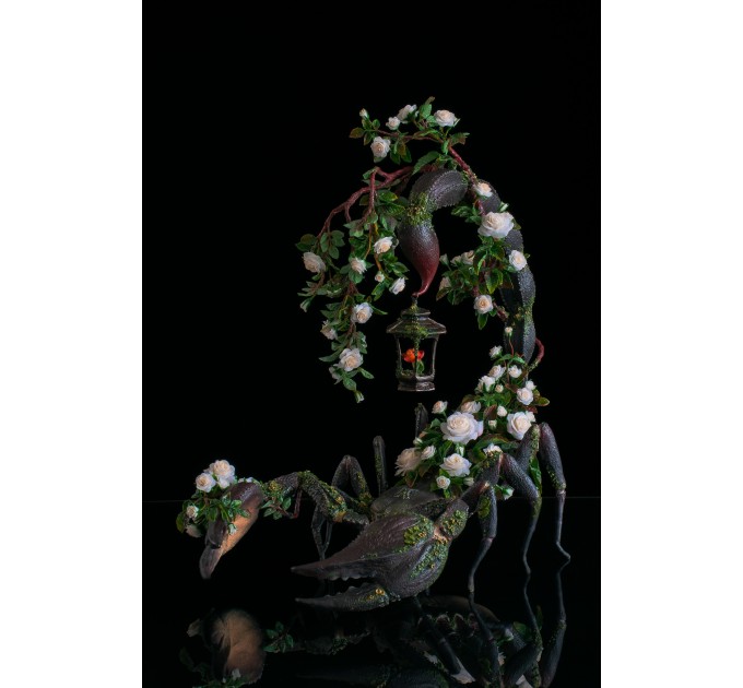 Scorpion with white roses. Handmade fantasy sculpture made of air clay. OOAK 