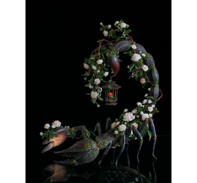 Scorpion with white roses. Handmade fantasy sculpture made of air clay. OOAK 