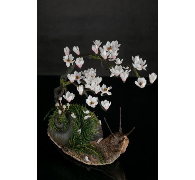 Snail with magnolia tree. Handmade fantasy sculpture made of air clay. OOAK 