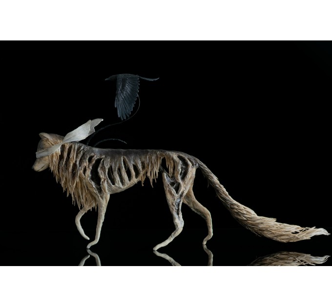  Sculpture wolf with a crow. Handmade from air-dry clay