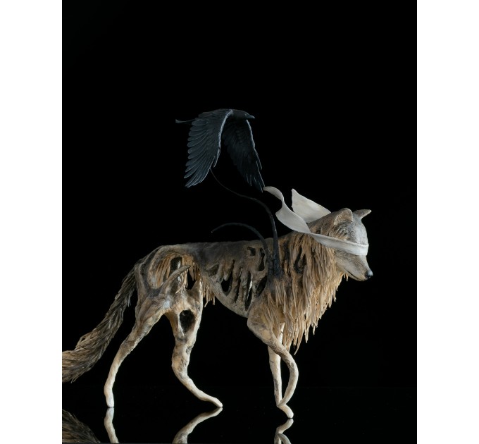  Sculpture wolf with a crow. Handmade from air-dry clay