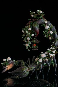 Collectible Scorpion sculpture with white roses, fantasy OOAK 