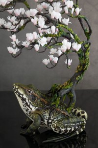 Collectible frog sculpture with magnolia tree. Handmade fantasy OOAK 